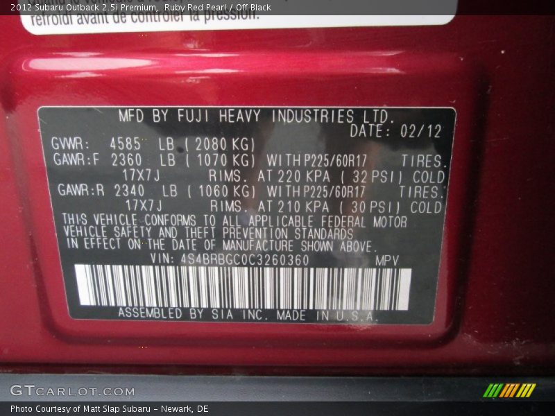 Ruby Red Pearl / Off Black 2012 Subaru Outback 2.5i Premium