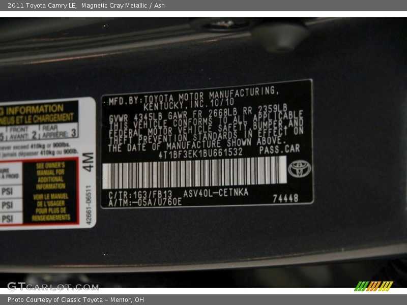 Magnetic Gray Metallic / Ash 2011 Toyota Camry LE