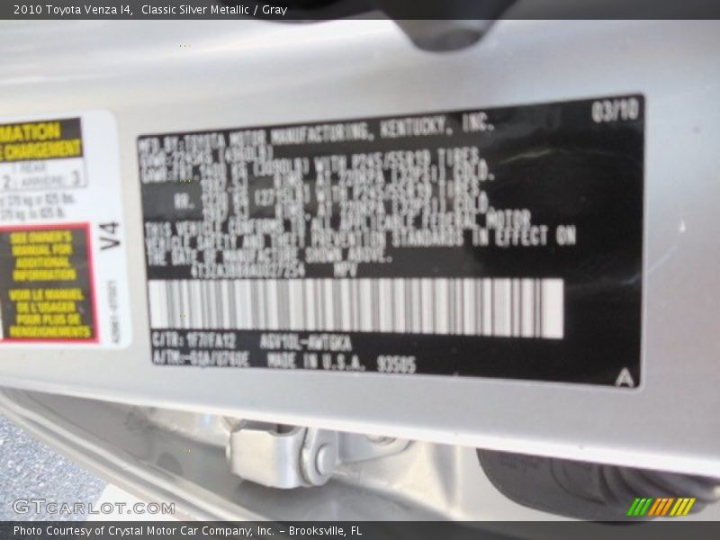 Classic Silver Metallic / Gray 2010 Toyota Venza I4