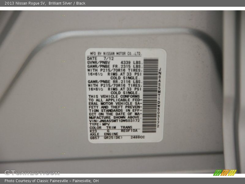 2013 Rogue SV Brilliant Silver Color Code K23