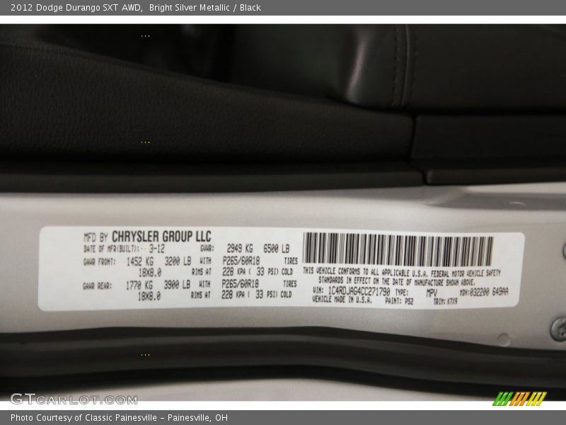 Bright Silver Metallic / Black 2012 Dodge Durango SXT AWD