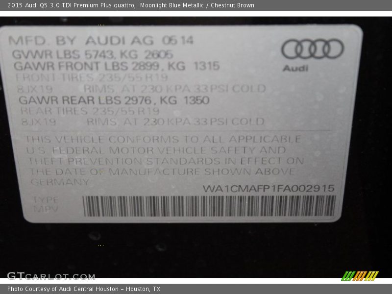 Moonlight Blue Metallic / Chestnut Brown 2015 Audi Q5 3.0 TDI Premium Plus quattro