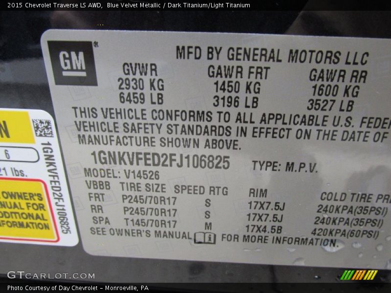 Blue Velvet Metallic / Dark Titanium/Light Titanium 2015 Chevrolet Traverse LS AWD