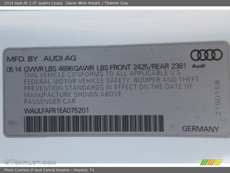 Glacier White Metallic / Titanium Gray 2014 Audi A5 2.0T quattro Coupe