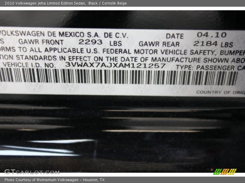 Black / Cornsilk Beige 2010 Volkswagen Jetta Limited Edition Sedan