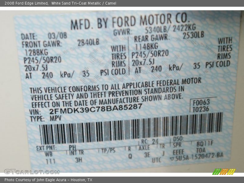White Sand Tri-Coat Metallic / Camel 2008 Ford Edge Limited