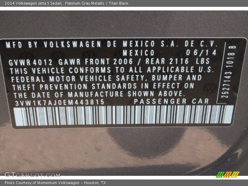 Platinum Gray Metallic / Titan Black 2014 Volkswagen Jetta S Sedan