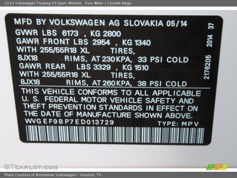Pure White / Cornsilk Beige 2014 Volkswagen Touareg V6 Sport 4Motion