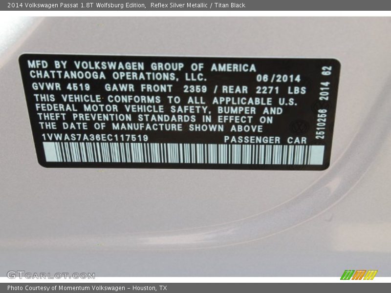 Reflex Silver Metallic / Titan Black 2014 Volkswagen Passat 1.8T Wolfsburg Edition