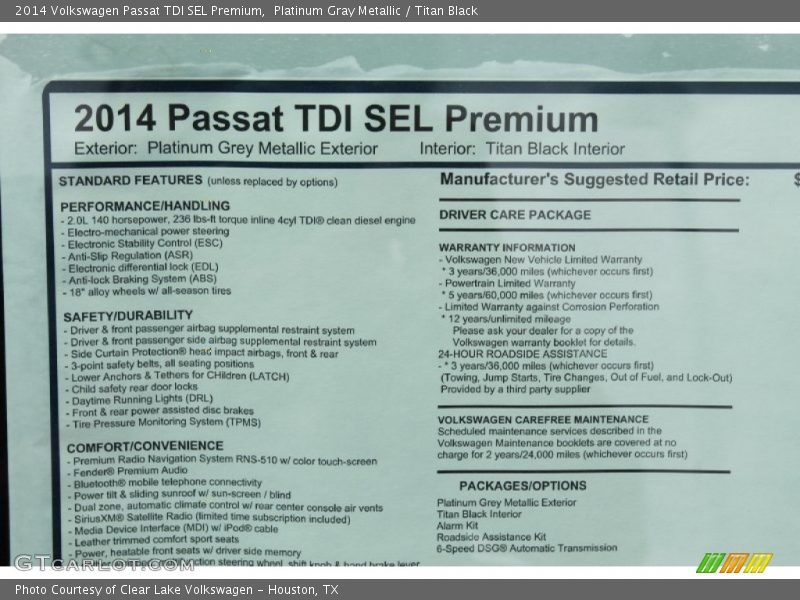 Platinum Gray Metallic / Titan Black 2014 Volkswagen Passat TDI SEL Premium