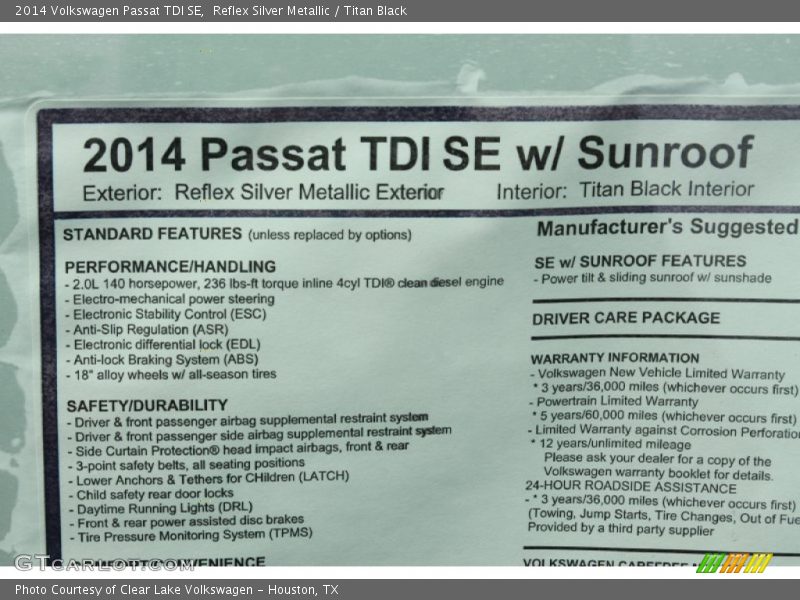 Reflex Silver Metallic / Titan Black 2014 Volkswagen Passat TDI SE