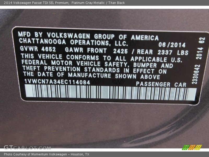Platinum Gray Metallic / Titan Black 2014 Volkswagen Passat TDI SEL Premium