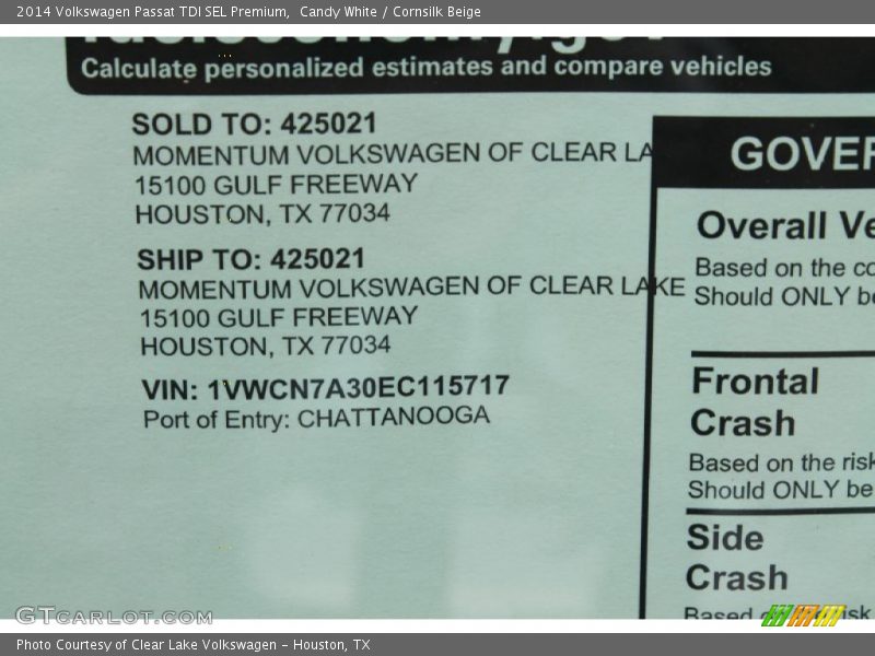 Candy White / Cornsilk Beige 2014 Volkswagen Passat TDI SEL Premium