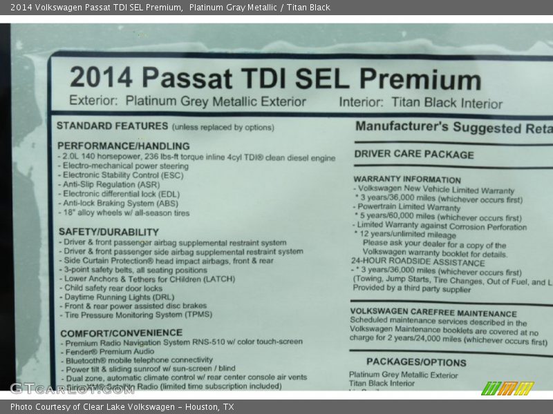Platinum Gray Metallic / Titan Black 2014 Volkswagen Passat TDI SEL Premium