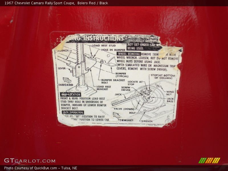Info Tag of 1967 Camaro Rally Sport Coupe