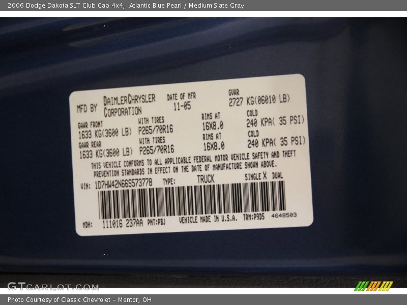 2006 Dakota SLT Club Cab 4x4 Atlantic Blue Pearl Color Code PBJ