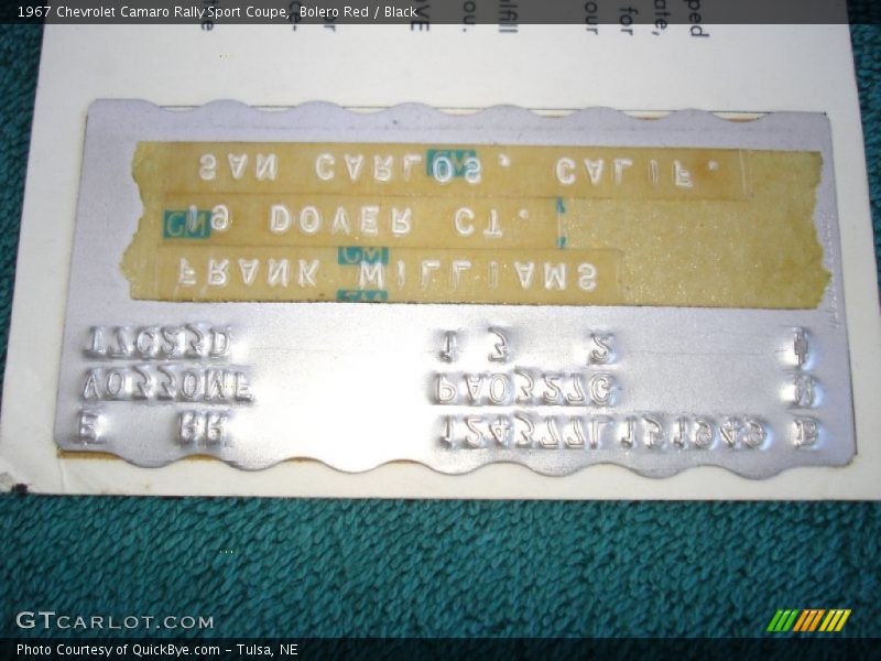 Info Tag of 1967 Camaro Rally Sport Coupe