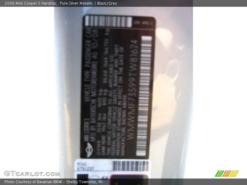 Pure Silver Metallic / Black/Grey 2009 Mini Cooper S Hardtop