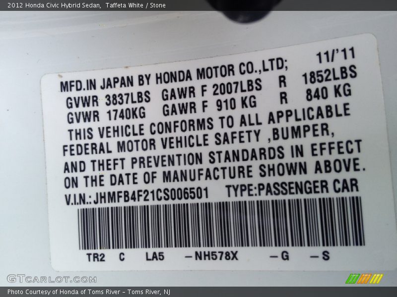 Taffeta White / Stone 2012 Honda Civic Hybrid Sedan