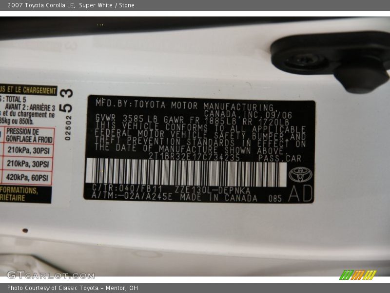 2007 Corolla LE Super White Color Code 040