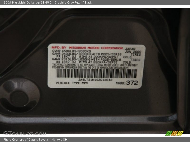 Graphite Gray Pearl / Black 2009 Mitsubishi Outlander SE 4WD