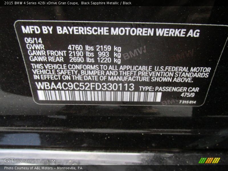 2015 4 Series 428i xDrive Gran Coupe Black Sapphire Metallic Color Code 475