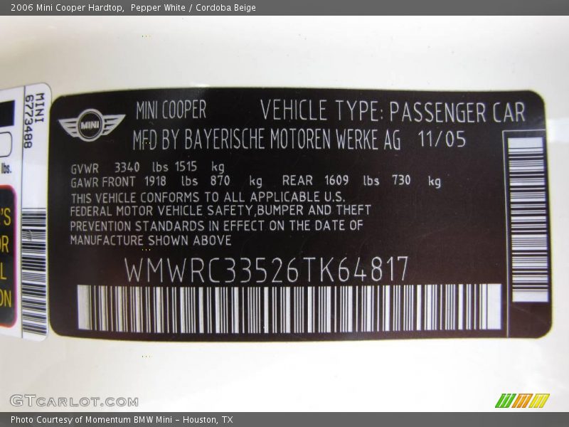 Pepper White / Cordoba Beige 2006 Mini Cooper Hardtop