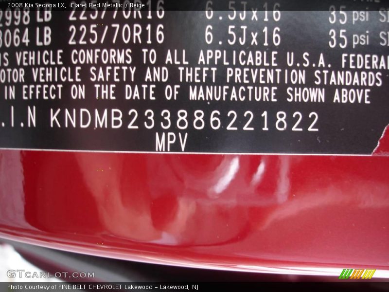 Claret Red Metallic / Beige 2008 Kia Sedona LX