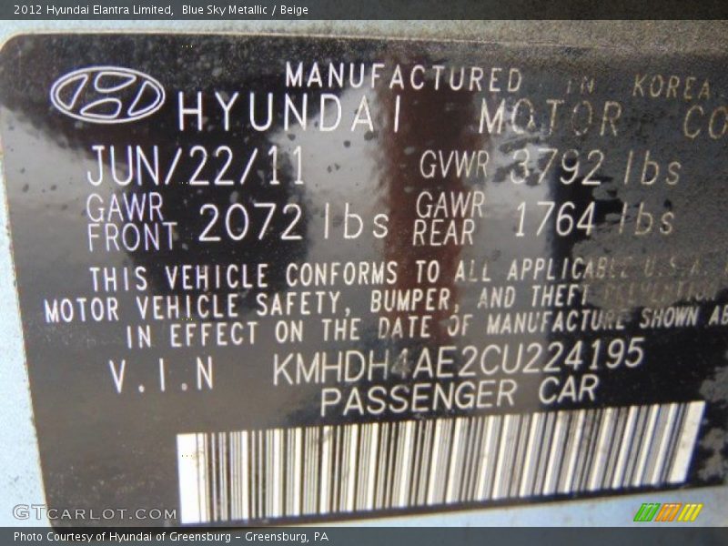 Blue Sky Metallic / Beige 2012 Hyundai Elantra Limited