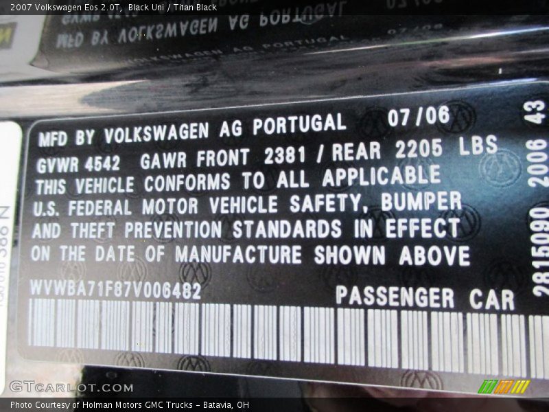Black Uni / Titan Black 2007 Volkswagen Eos 2.0T