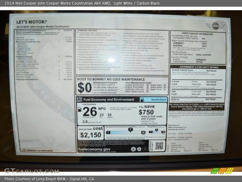  2014 Cooper John Cooper Works Countryman All4 AWD Window Sticker