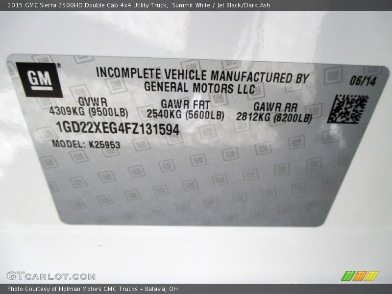 Info Tag of 2015 Sierra 2500HD Double Cab 4x4 Utility Truck