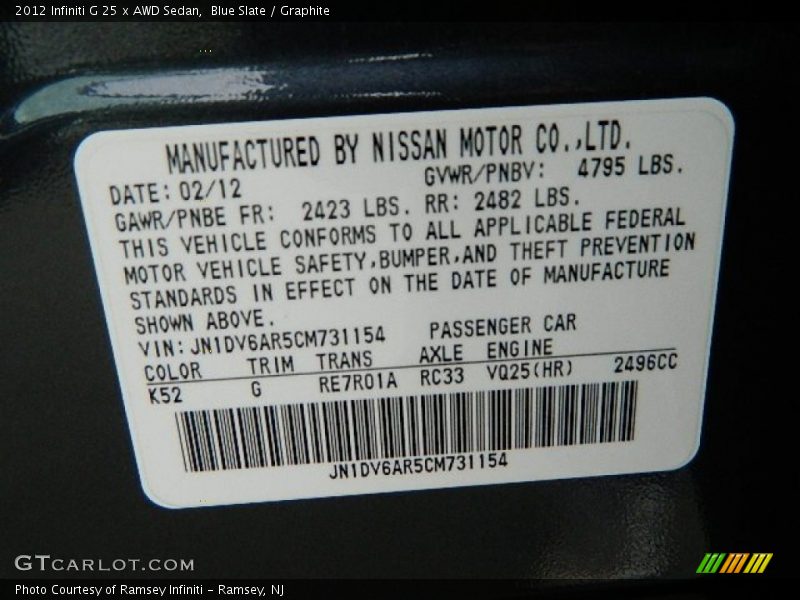 2012 G 25 x AWD Sedan Blue Slate Color Code K52