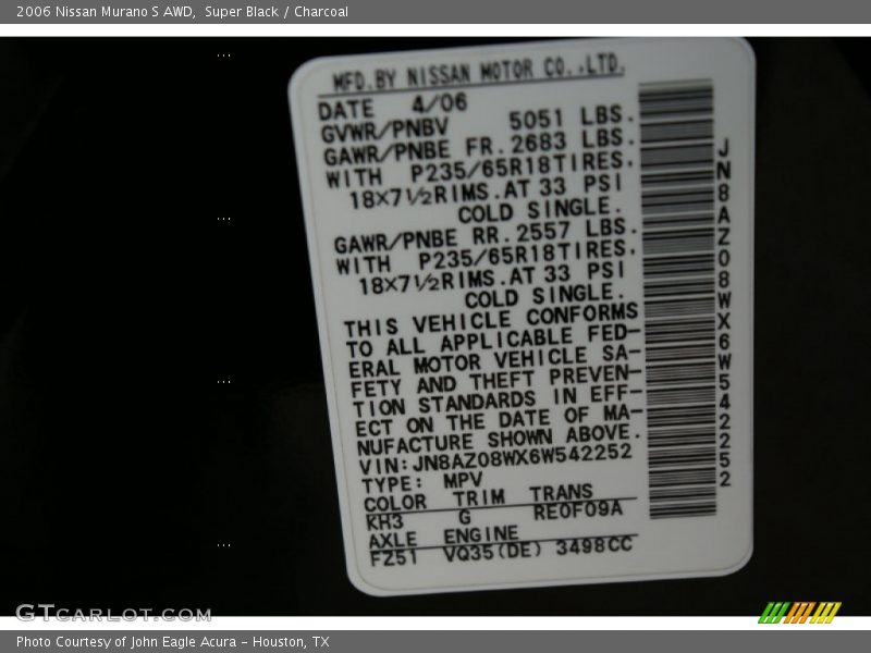 Super Black / Charcoal 2006 Nissan Murano S AWD