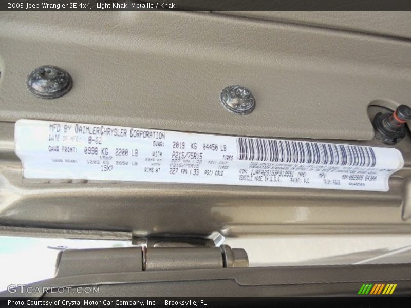 Light Khaki Metallic / Khaki 2003 Jeep Wrangler SE 4x4