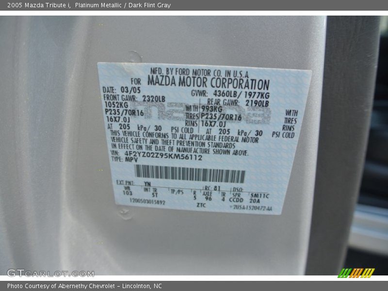 Platinum Metallic / Dark Flint Gray 2005 Mazda Tribute i