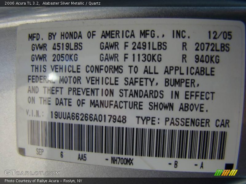 Alabaster Silver Metallic / Quartz 2006 Acura TL 3.2