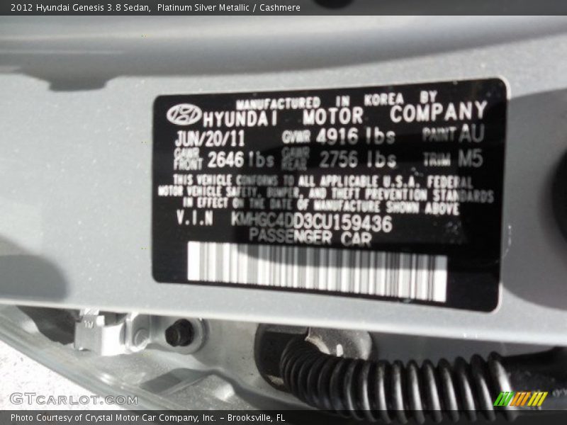 Platinum Silver Metallic / Cashmere 2012 Hyundai Genesis 3.8 Sedan