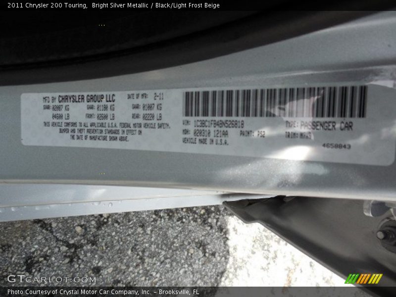Bright Silver Metallic / Black/Light Frost Beige 2011 Chrysler 200 Touring