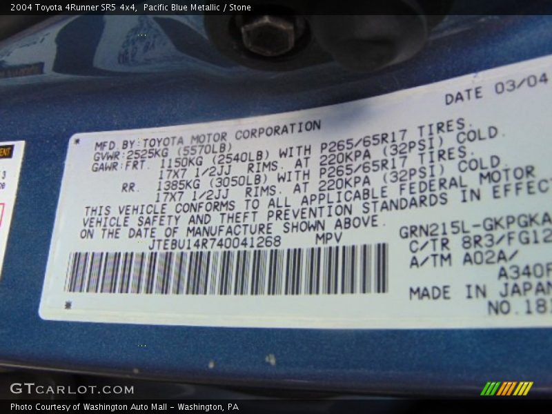 2004 4Runner SR5 4x4 Pacific Blue Metallic Color Code 8R3