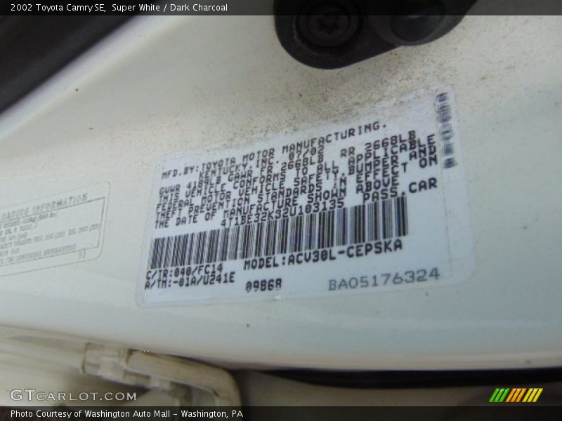 2002 Camry SE Super White Color Code 040