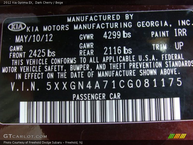 Dark Cherry / Beige 2012 Kia Optima EX