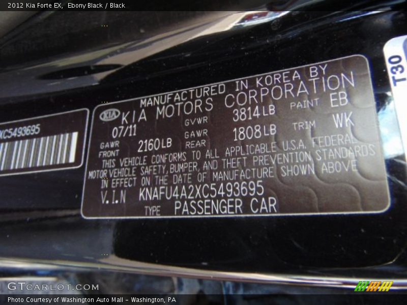 Ebony Black / Black 2012 Kia Forte EX
