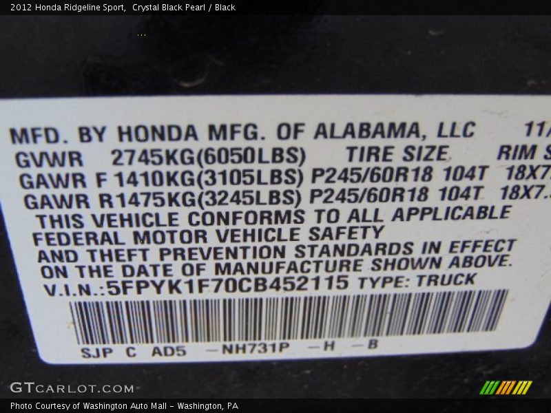 Crystal Black Pearl / Black 2012 Honda Ridgeline Sport