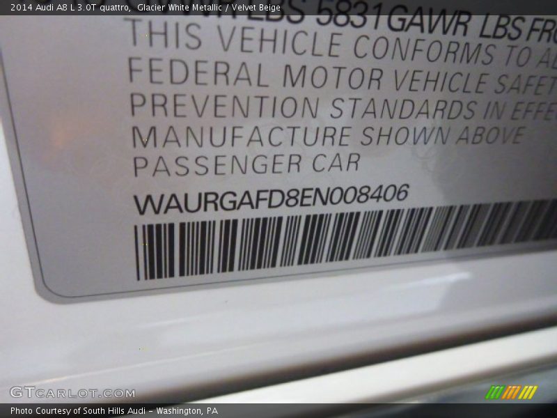 Glacier White Metallic / Velvet Beige 2014 Audi A8 L 3.0T quattro