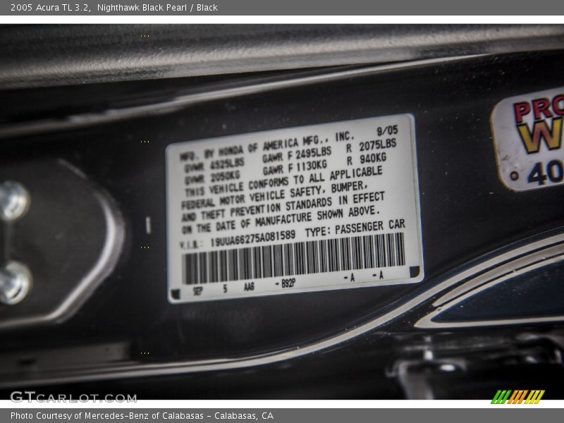 2005 TL 3.2 Nighthawk Black Pearl Color Code B92P
