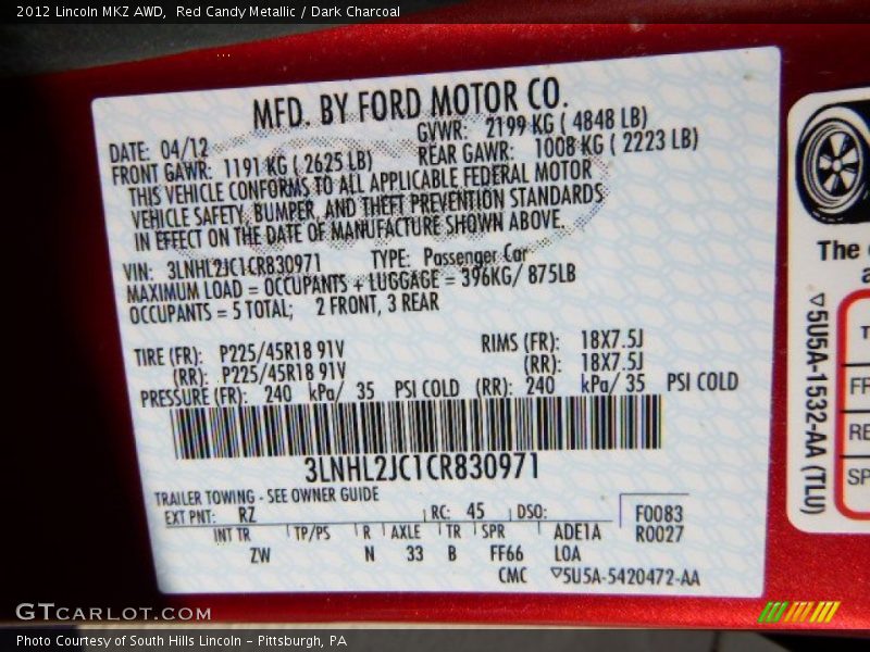 Red Candy Metallic / Dark Charcoal 2012 Lincoln MKZ AWD