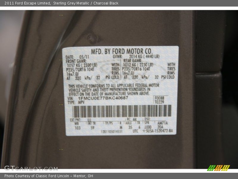 Sterling Grey Metallic / Charcoal Black 2011 Ford Escape Limited