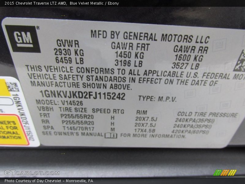 Blue Velvet Metallic / Ebony 2015 Chevrolet Traverse LTZ AWD