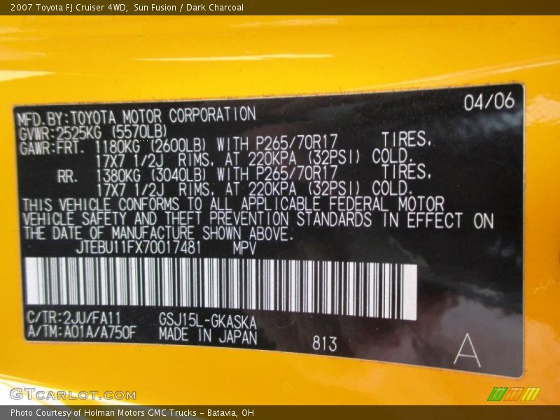 2007 FJ Cruiser 4WD Sun Fusion Color Code 2JU